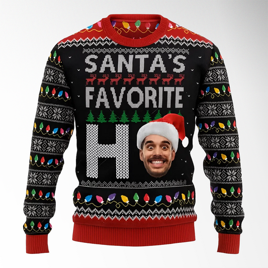 ArctenWear Santa’s Favorite Ho Custom Face Sweater | Personalized Photo Ugly Christmas Sweater