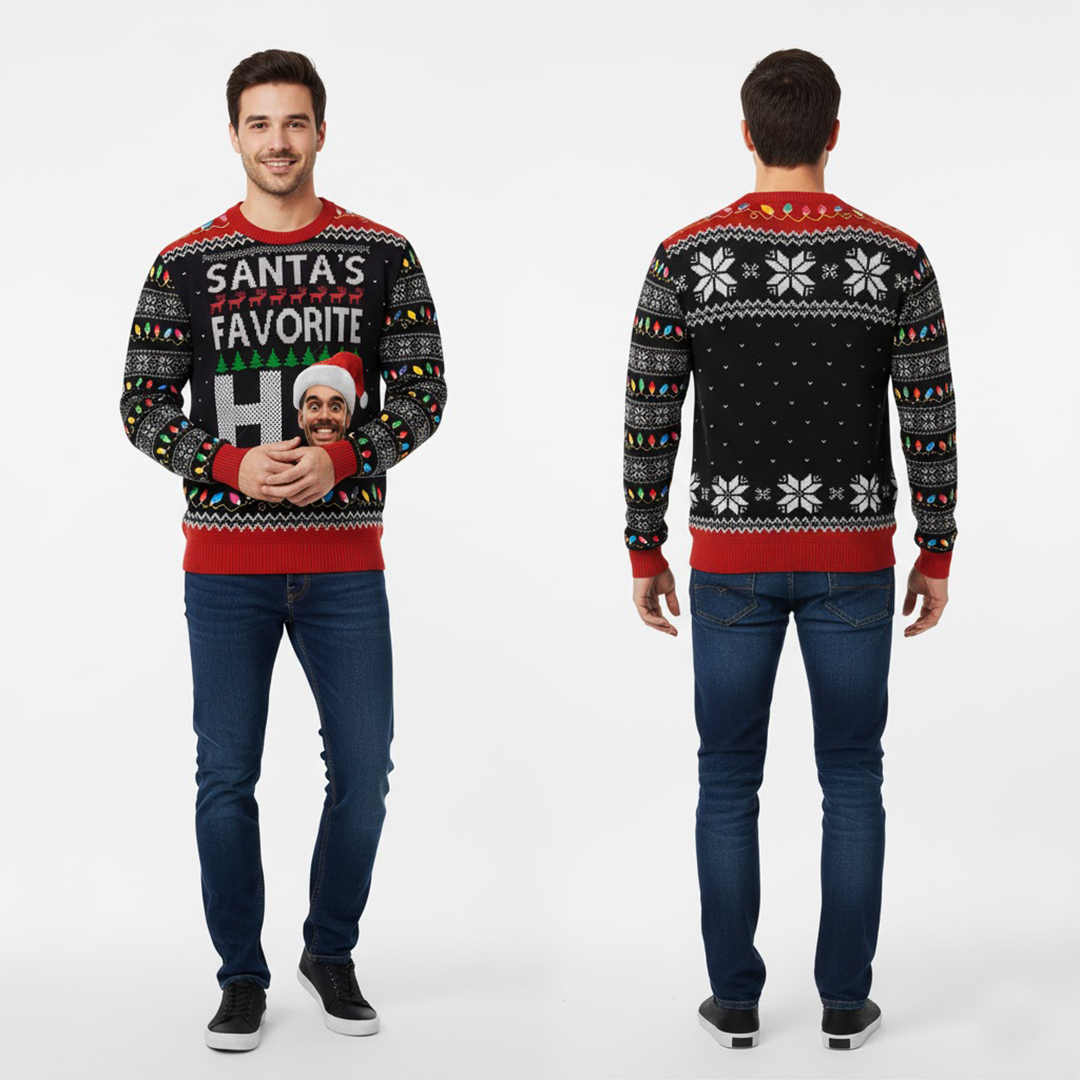 ArctenWear Santa’s Favorite Ho Custom Face Sweater | Personalized Photo Ugly Christmas Sweater