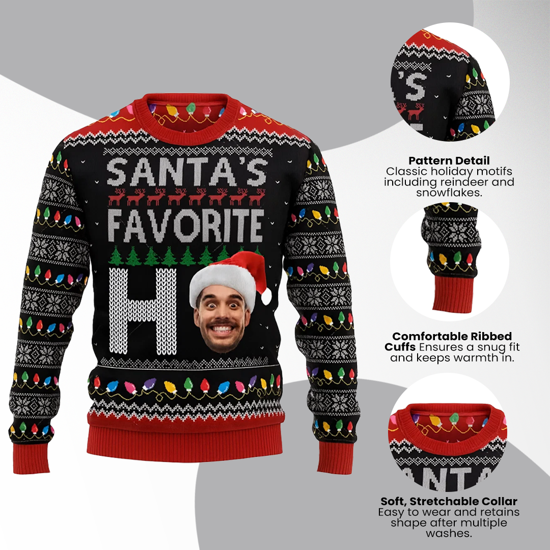 ArctenWear Santa’s Favorite Ho Custom Face Sweater | Personalized Photo Ugly Christmas Sweater