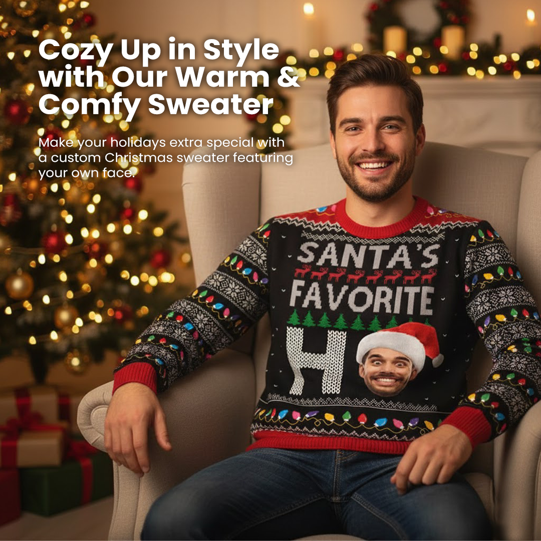 ArctenWear Santa’s Favorite Ho Custom Face Sweater | Personalized Photo Ugly Christmas Sweater